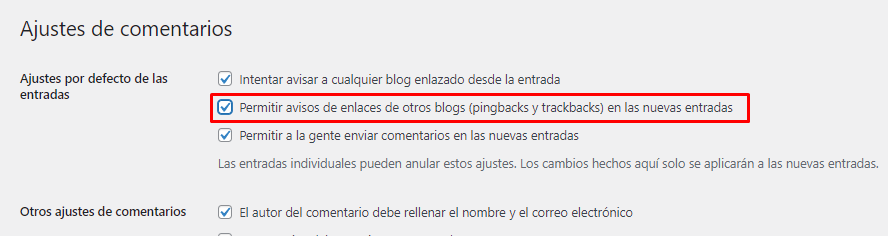 Desactivar o activar los Pingbacks