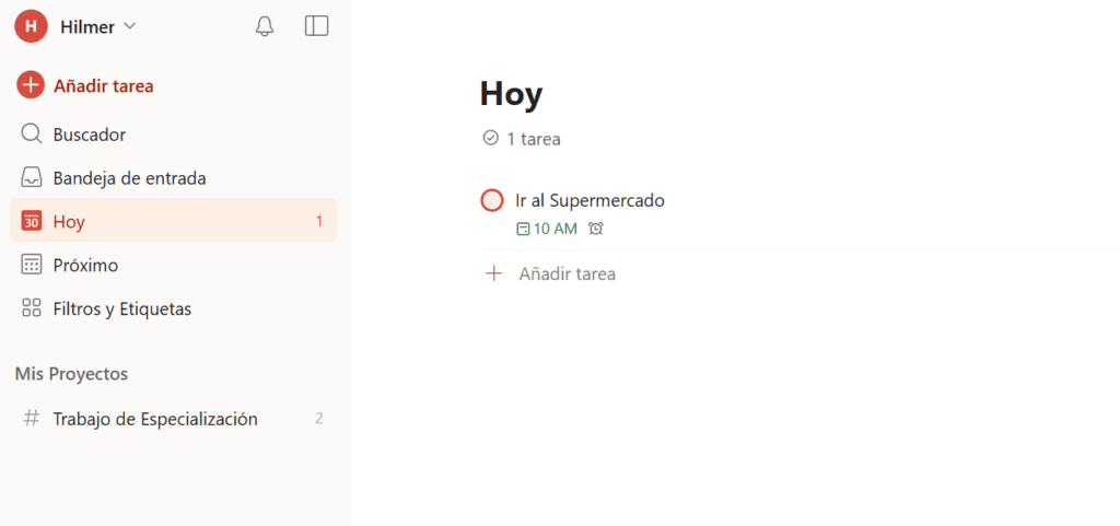 La clásica pantalla de hoy en todoist