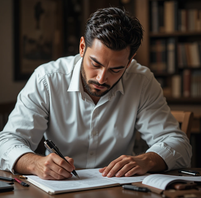 Hombre escribiendo ensayos
