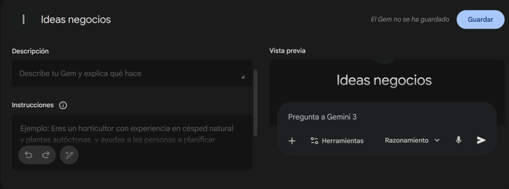 Cuadro para crear un gem en gemini