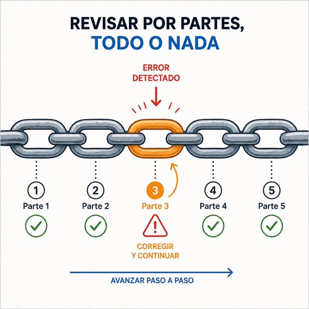 Cadena de eslabones representando el encadenamiento de prompts y la corrección por etapas.