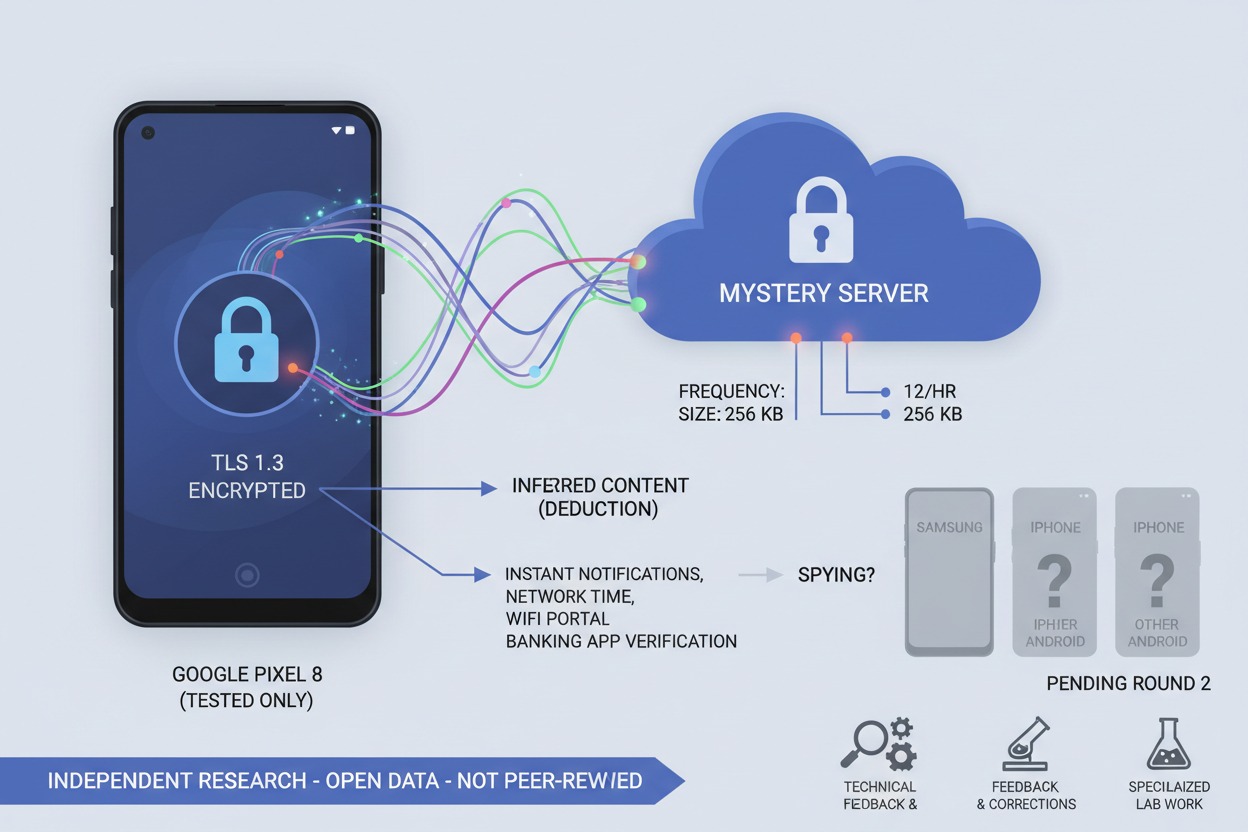 Diagrama que muestra cómo un teléfono Google Pixel 8 envía datos cifrados con TLS 1.3 a un servidor misterioso.