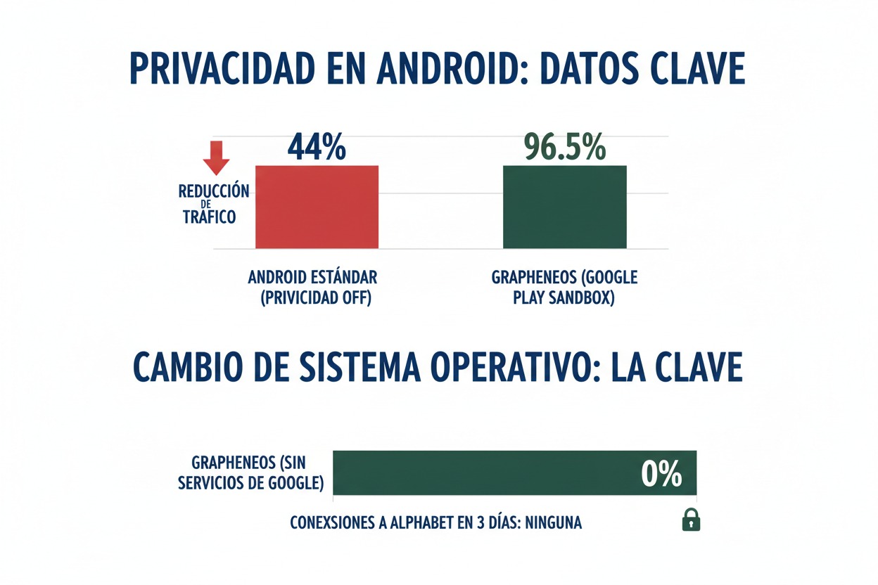 Gráfico comparativo que muestra la reducción de tráfico en Android estándar con un cuarenta y cuatro por ciento frente al noventa y seis con cinco por ciento de GrapheneOS con Google Play Sandbox, y cero por ciento en conexiones a Alphabet al usar GrapheneOS sin servicios de Google.
